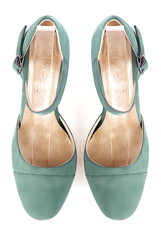 Mint green women's open side shoes, with an instep strap. Round toe. High block heels. Top view - Florence KOOIJMAN